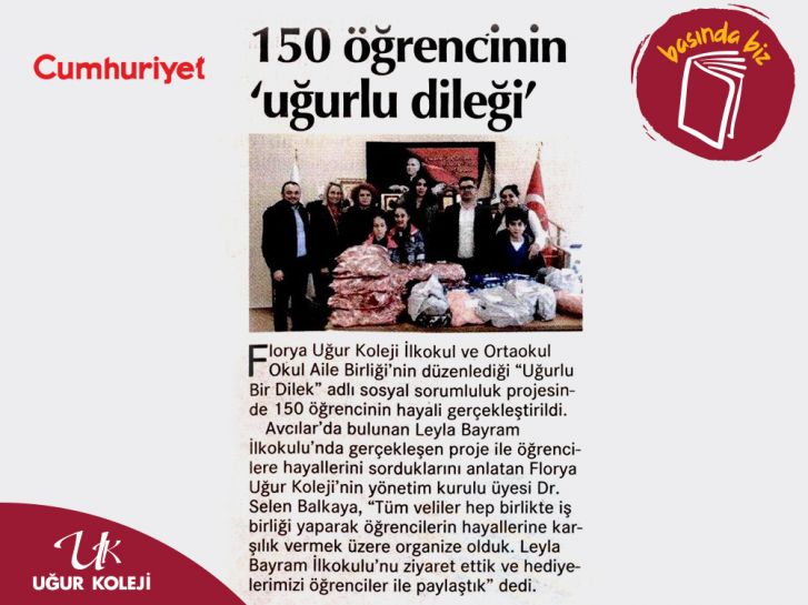 Cumhuriyet Gazetesi'nde yayınlanan “150 Öğrencinin Uğurlu Dileği” haberimiz...